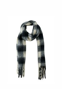 Sjaal van een wolblend met een geruit patroon in zwart en crème, met franjes aan de uiteinden, een zachte textuur en een lange, rechthoekige vorm.