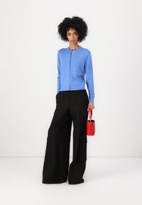 Cardigã azul claro com botões frontais, combinado com calças largas pretas de perna larga. Uma pequena bolsa vermelha é segurada na mão direita.