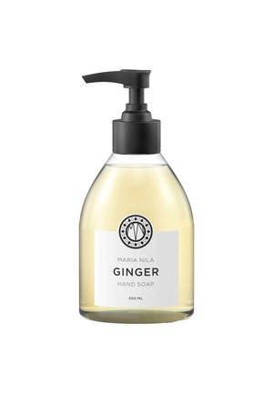 Heldere plastic pomp fles met lichtgele vloeistof gelabeld Maria Nila Ginger Handzeep, 300 ml.
