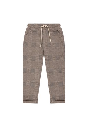 Pantalon coupe décontractée à motif à carreaux dans des tons beiges avec une taille à cordon et des revers roulés. Confectionné en tissu texturé, idéal pour un look décontracté.