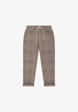Pantalon coupe décontractée à motif à carreaux dans des tons beiges avec une taille à cordon et des revers roulés. Confectionné en tissu texturé, idéal pour un look décontracté.