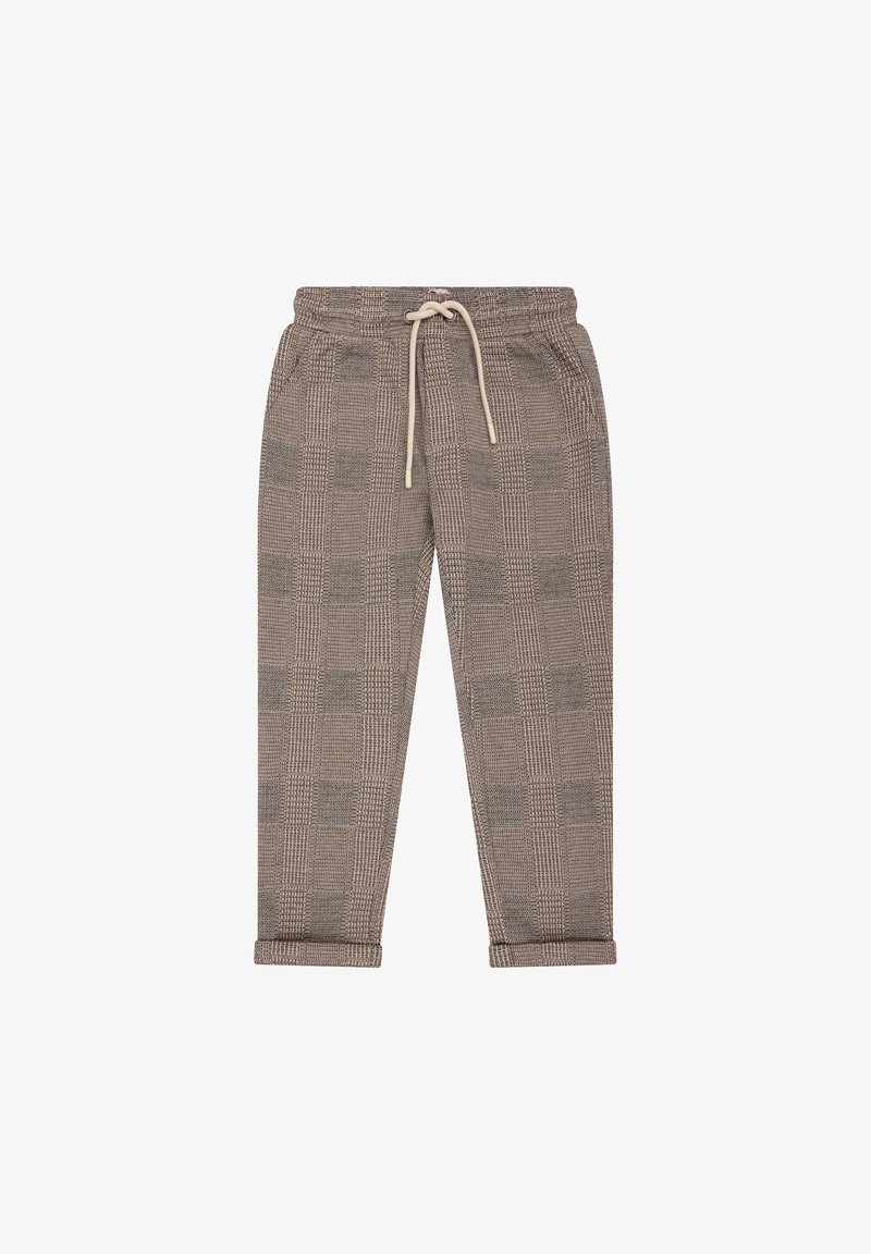 Pantalon coupe décontractée à motif à carreaux dans des tons beiges avec une taille à cordon et des revers roulés. Confectionné en tissu texturé, idéal pour un look décontracté.