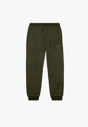 Fleece joggers in dark olive green, featuring an elastic waistband, zippered side pockets, and ribbed cuffs with a textured finish.