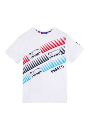 White short-sleeve T-shirt with red, black, and blue diagonal stripes, three car illustrations, and "BUGATTI" text on the front.