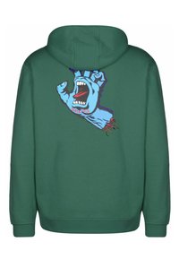 Mörkgrön huvtröja med en grafisk bild av en blå, skrikande avskuren hand och röd "Santa Cruz"-text på baksidan.