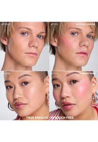 Zdjęcia przed i po pokazują efekt makijażu na dwóch twarzach. Na górze znajduje się koralowy róż, na dole róż w odcieniu jagodowym.