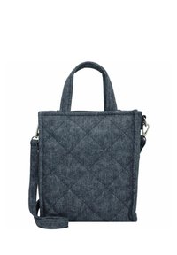 Torebka tote z pikowanej szarej tkaniny z podwójnymi uchwytami u góry oraz odpinanym paskiem na ramię. Charakteryzuje się kwadratowym kształtem i subtelną fakturą.