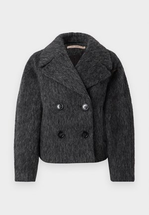 Double-breasted gray wool coat with a notched collar, featuring two large black buttons and a textured finish.