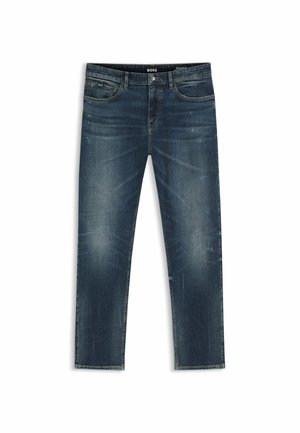 Jean en denim bleu foncé délavé avec poches avant, fermeture par boutons, passants pour ceinture et détails subtilement usés.