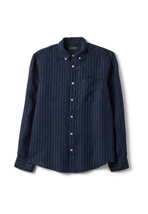 Navy blue long-sleeve button-up shirt with white vertical pinstripes, buttoned collar, chest pocket, and white buttons down the front.