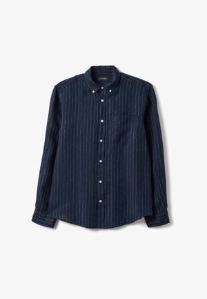 Navy blue long-sleeve button-up shirt with white vertical pinstripes, buttoned collar, chest pocket, and white buttons down the front.