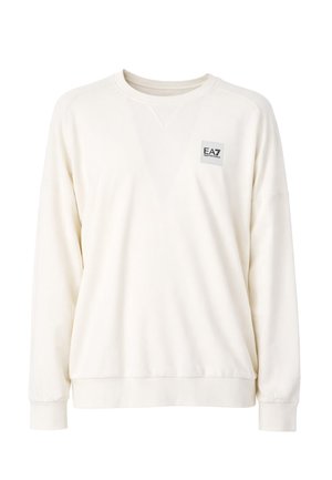 Felpa bianca con girocollo a coste, maniche lunghe e una piccola patch con il logo EA7 Emporio Armani sul petto a sinistra.