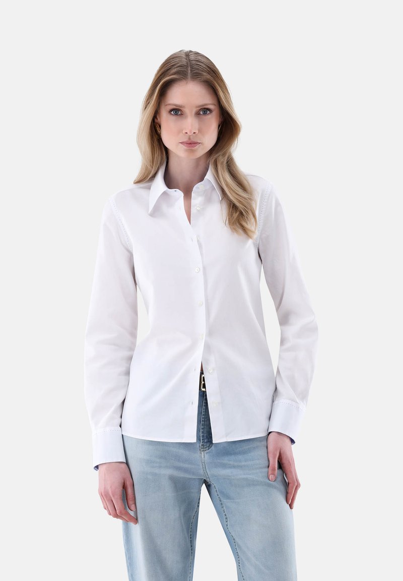 Camicia bianca con colletto classico, maniche lunghe e sottili dettagli di cucitura. Abbinata a jeans azzurri.
