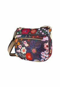 Borsa a tracolla floreale in tessuto, con uno sfondo scuro e fiori colorati, cinturino regolabile e due tasche con zip.