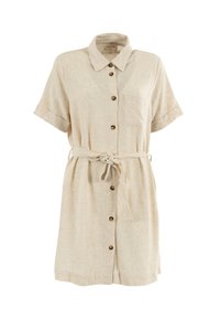 Vestito camicia in lino di colore beige chiaro, con maniche corte, bottoni frontali, taschino sul petto e cintura legata in vita per una vestibilità aderente.