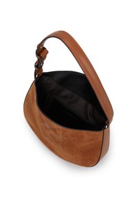 Brun ruskinds håndtaske med en bred åbning, har en glat læder skulderrem og to brune knapper på forsiden. Sort indvendig foder.