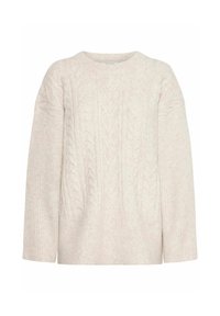 Pull en maille torsadée crème avec un col rond et des poignets côtelés. Il présente un motif texturé et une coupe légèrement surdimensionnée.