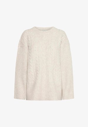 Krém színű, kötött pulóver kerek nyakkivágással és bordázott mandzsettákkal. Jellemzője egy texturált minta és enyhén oversize szabás.