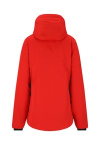 Rode waterdichte jas met capuchon, lange mouwen en een losse pasvorm. Heeft subtiele naaddetails en zwarte manchetten voor contrast.