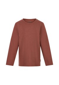 Langermige T-shirt in roestbruin, gemaakt van textuurstof, met een ronde halslijn en rechte zoom, voorzien van een klein merklabel aan de zijkant.