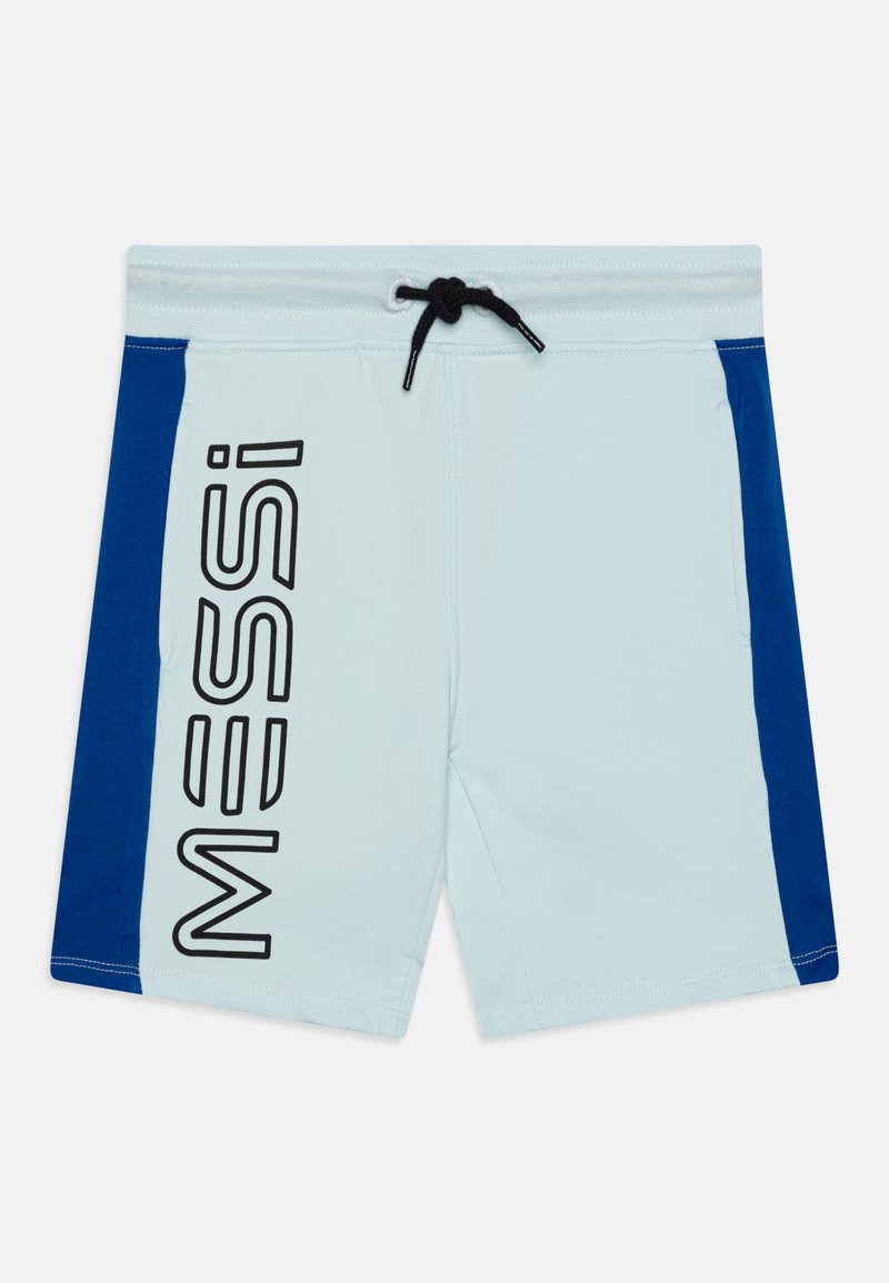 Lyseblå badshorts med mørkeblå sidepaneler og svart "MESSI" skrifttype. Har strikk i livet med justerbar snor.