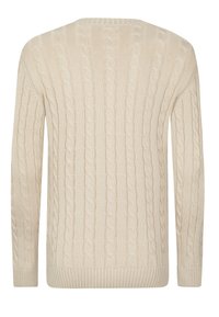 Cremefarbener, gestrickter Pullover mit Zopfmuster, gerippten Bündchen und rundem Ausschnitt. Glatte Textur mit lässigem Schnitt.