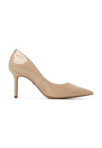 Stivale in vernice beige con tacco a spillo, punta appuntita, texture liscia, caratterizzato da una sottile finitura lucida e un tacco sottile e slanciato.