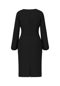 Schwarzes Kleid mit langen puffärmel, einer taillierten Silhouette und einem Reißverschluss hinten sowie einem Schlitz am Saum. Glattes, strukturiertes Material.