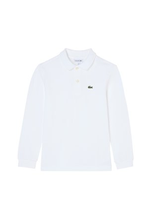 Polo shirt blanc à manches longues en coton, avec un col pointu, une patte de boutonnage à trois boutons et un petit logo de crocodile vert sur la poitrine.