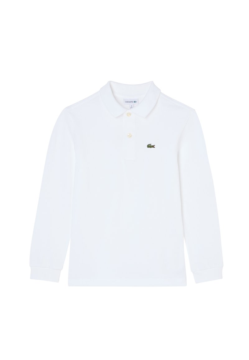 Weiße Langarm-Polohemd aus Baumwolle, mit spitzem Kragen, einer Drei-Knopf-Leiste und einem kleinen grünen Krokodil-Logo auf der Brust.