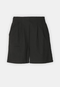 Shorts noirs en tissu doux, dotés d'une coupe jambes larges, de plis à l'avant et de poches latérales pour une fonctionnalité accrue.
