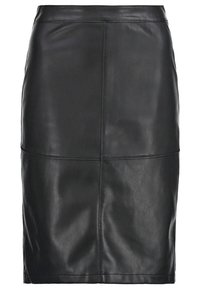 Černá kožená tužková sukně s mid-rise pasem, přiléhavým střihem a viditelnými švy, které dělí látku na segmenty.
