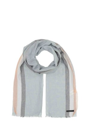 Leichter Schal in Hellblau mit abwechselnden Streifen in Grau, Weiß und sanftem Pfirsich. Ausgefranste Kanten und ein Markenetikett an einem Ende.