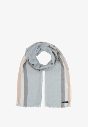 Lightweight scarf in pale blue, featuring alternating stripes of gray, white, and soft peach. Frayed edges and a brand label at one end.
