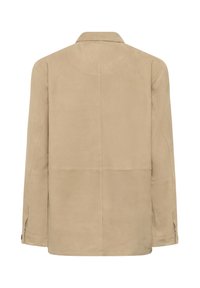 Bež dolg rokav jakna z ovratnikom, vidnim šivanjem in zapognjenimi manšetami, prikazana od zadaj na belem ozadju.