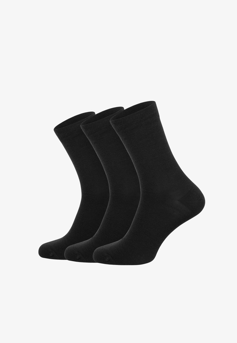 Schwarze Baumwollsocken, drei Paare, knöchellang, glatte Textur, verstärkte Zehen, nahtloses Design, mit einem klassischen gerippten Bündchen an der Oberseite.
