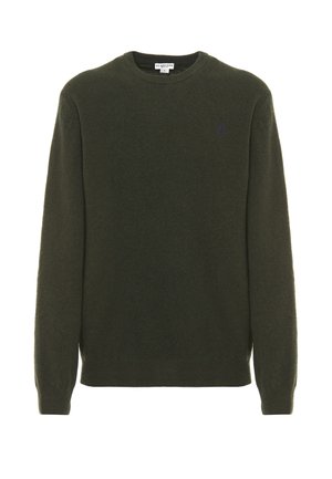 Maglione verde a girocollo realizzato in tessuto morbido, con maniche lunghe, polsini a costine e un piccolo logo sul lato sinistro del petto.