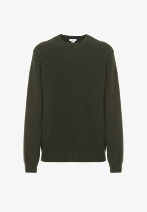 Maglione verde a girocollo realizzato in tessuto morbido, con maniche lunghe, polsini a costine e un piccolo logo sul lato sinistro del petto.