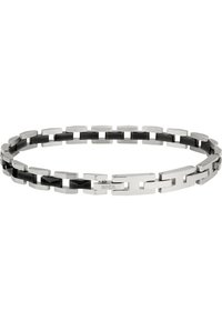 Silvrig metallarmband med svarta accenter, som har sammanlänkade rektangulära länkar och en platt spänne, slät yta och rena linjer.