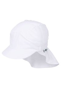 Weißer Baumwoll-Bucket-Hut mit breiter Krempe und konturiertem Design. Verfügt über ein Logotag an der Seite und eine schützende Lasche hinten.