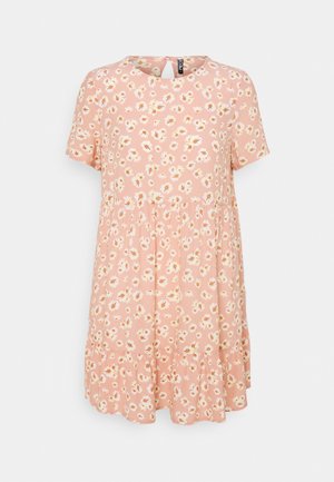 Pink, short-sleeved dress with a floral pattern, features a round neckline and tiered ruffle hem. Made of lightweight, soft fabric.