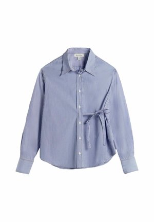 Zils un balts vertikālas svītras garroku pogājams krekls ar apkakli un sasienamu loku labajā pusē.