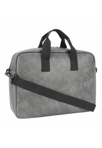 Borsa in tessuto grigia con superficie testurizzata, doppi manici superiori, tracolla nera rimovibile, forma rettangolare e chiusura zip metallica.