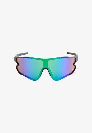 Sports zonnebril met één gebogen groen-paarse verlooplens en een zwart hoekig montuur en pootjes.