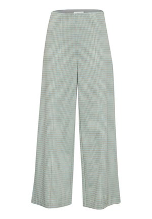 Pantalons large à carreaux bleu clair avec une taille haute, présentant une texture douce et un motif à carreaux subtil dans des accents beige et teal.
