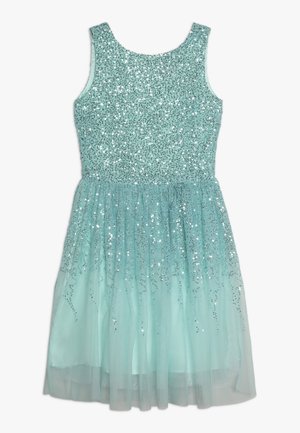 Mouwloze lichtblauwe jurk met een pailletten lijfje en een tule rok, ontworpen voor formele of feestelijke gelegenheden.