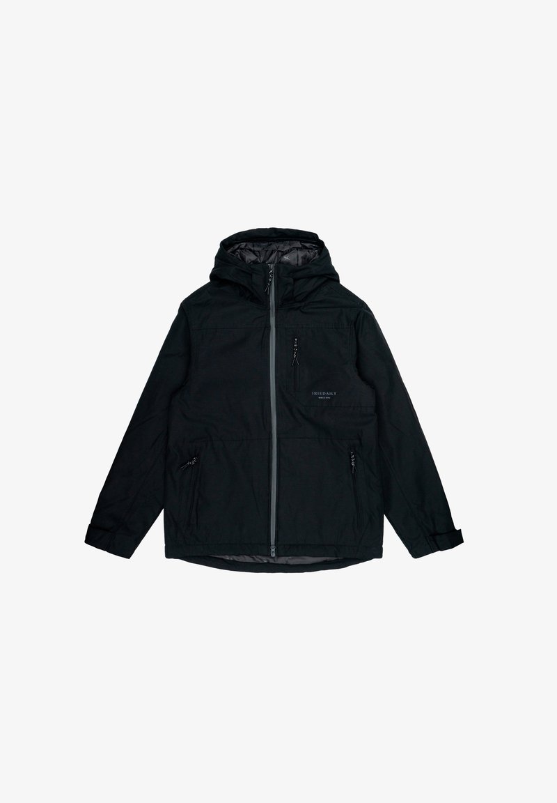 Schwarze Kapuzenjacke mit einem Frontreißverschluss, zwei Seitentaschen und verstellbaren Bündchen. Hergestellt aus einem glatten, wasserabweisenden Material.