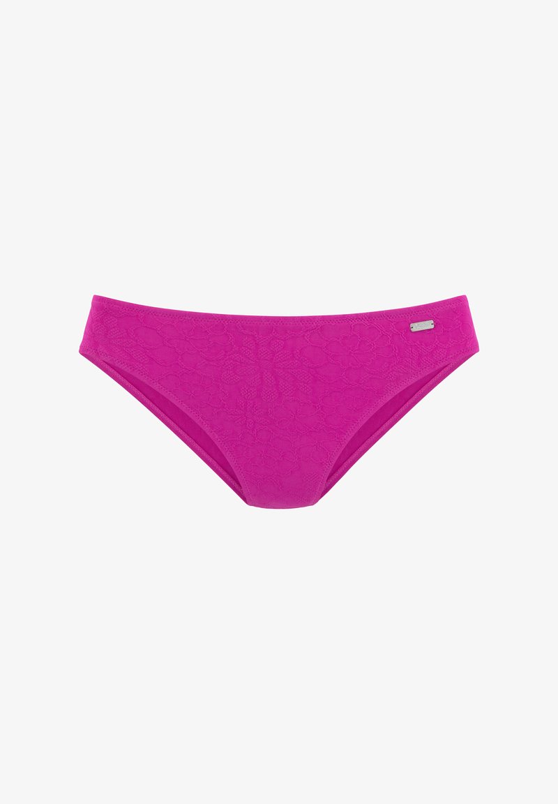 Pink bikini bottom made of soft fabric. It features a floral pattern and a small metallic logo accent on the left side.