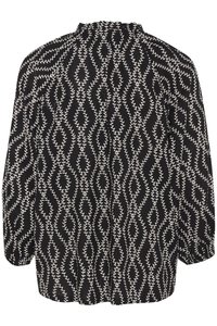 Schwarze Bluse mit einem weißen Blättermuster, lockere Passform und gerafftem Ausschnitt. Lange Ärmel mit elastischen Bündchen und geradem Saum.