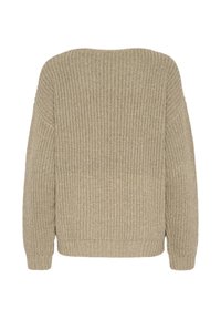 Pulover tricotat de culoare khaki, cu o textură striată, având un decolteu rotund larg și mâneci lungi, oferind o croială lejeră și confortabilă.